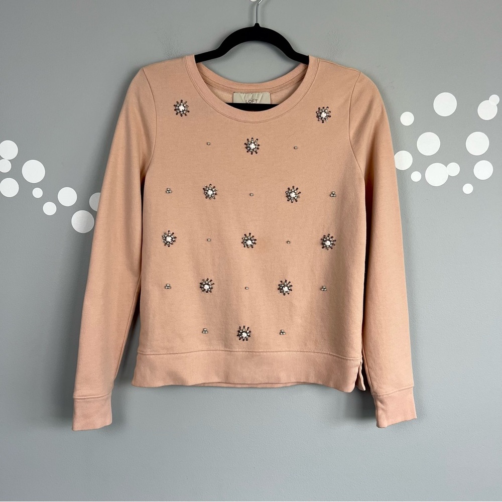 LOFT Starburst Jeweled Embellished Sweatshirt Blush Pink Size S Cotton Blend - Picture 1 of 9